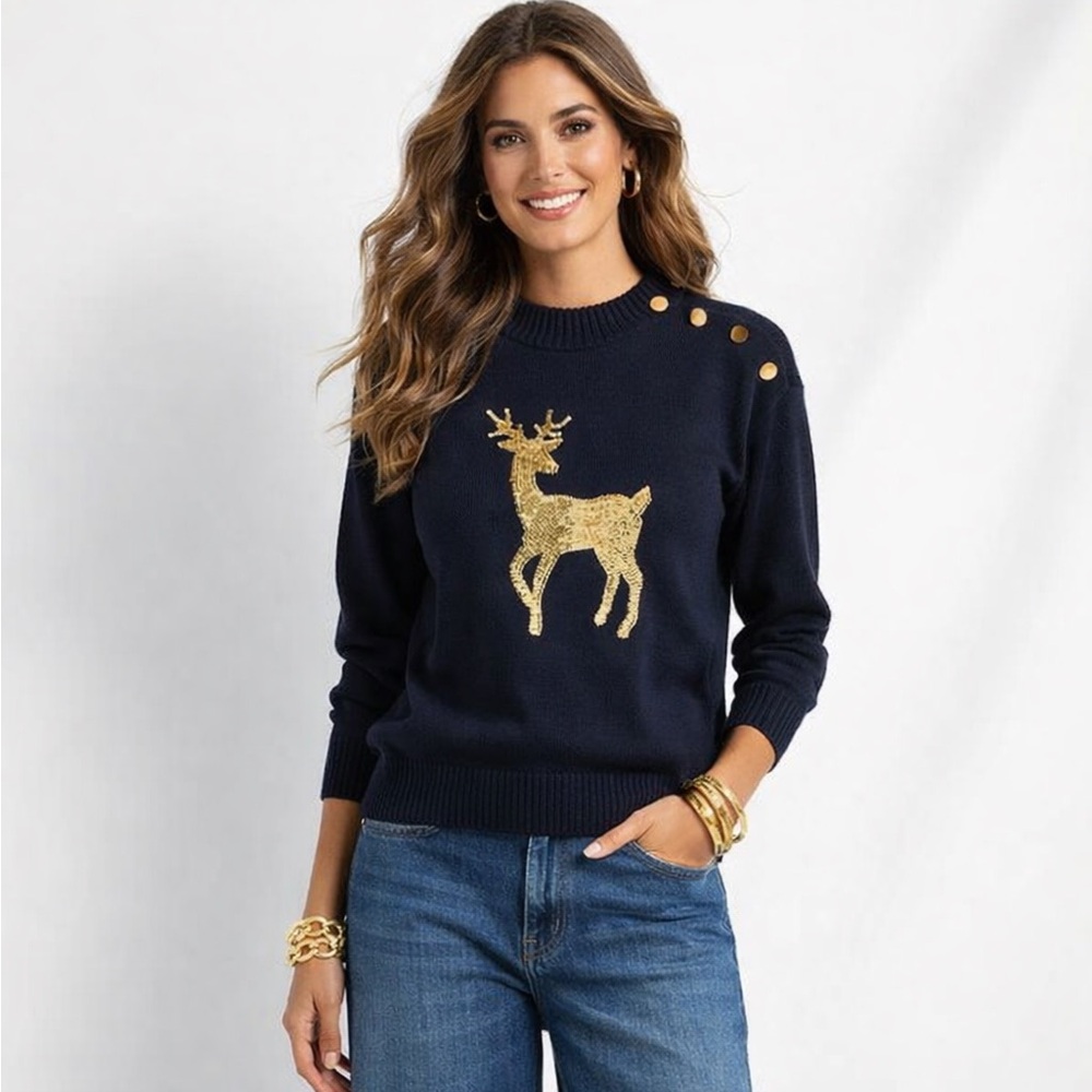 NWT Talbots Button Mockneck Sweater Sequin Deer